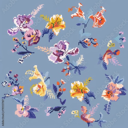 A blue and white floral pattern with a variety of flowers including daisies