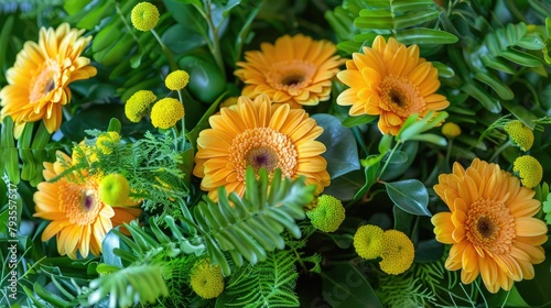 Easter greetings adorned with a vibrant array of yellow gerberas orange roses and blooming plants nestled amidst lush green leaves and grass in a delightful flower bouquet