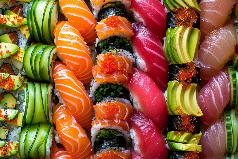 Colorful sushi rolls with fresh fish, avocado and cucumber