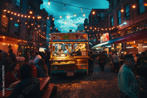 A bustling city street at twilight, with a vibrant and colorful food truck serving exotic street food, surrounded by eager customers illuminated by the warm glow of string lights overhead. photo