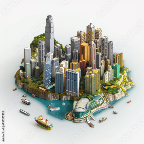 Isometric 3D image of important landmarks of Hong Kong on a white background. Landscape of the country.