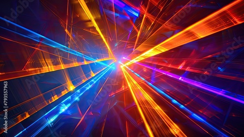 An array of colorful light beams intersecting in a dark space