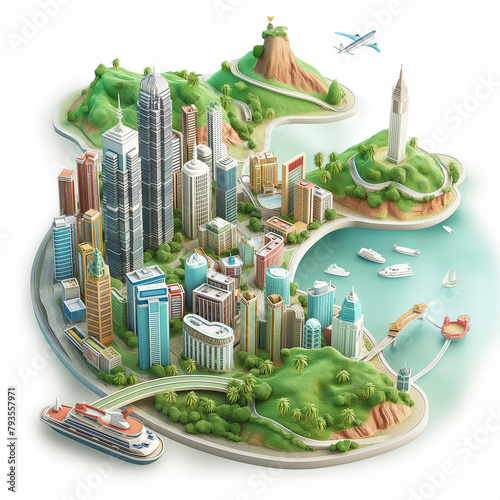 Isometric 3D image of important landmarks of Hong Kong on a white background. Landscape of the country.