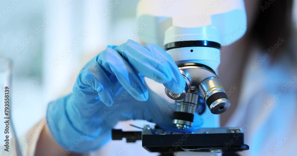 Scientist uses a microscope to examine sample Scientist uses a microscope to examine sample