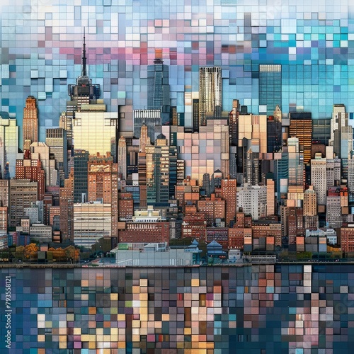 A cityscape with a reflection of the city in the water