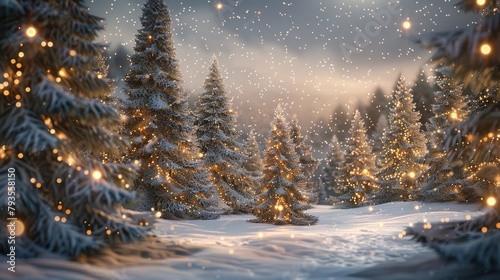Snow covered pine trees with twinkling lights in a 3D winter landscape © 220 AI Studio