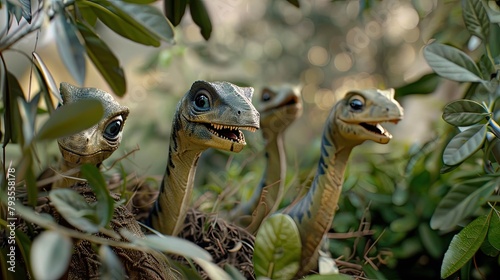 Tiny diplodocus puppies stretching their necks to nibble on low-hanging leaves