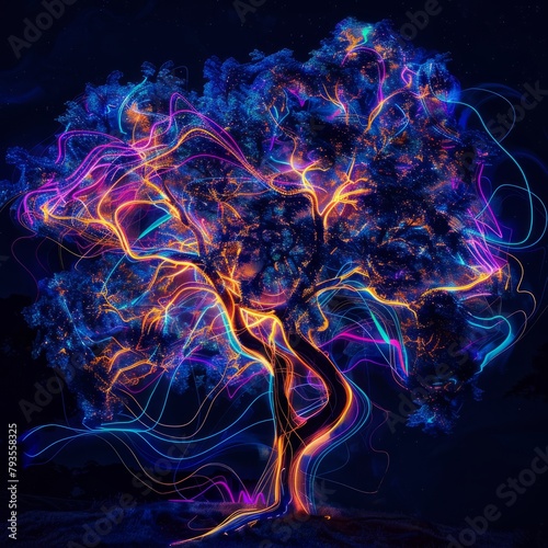 A tree with colorful branches is displayed in a dark background