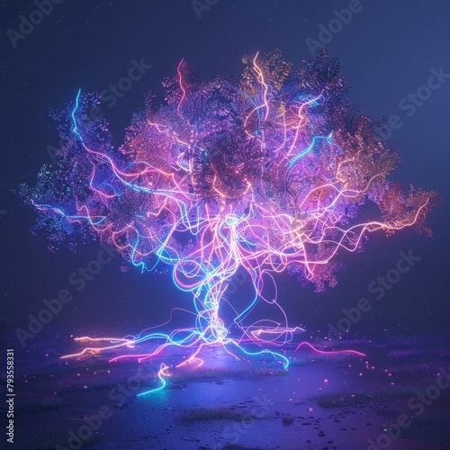 A tree with neon colored branches is the main focus of the image