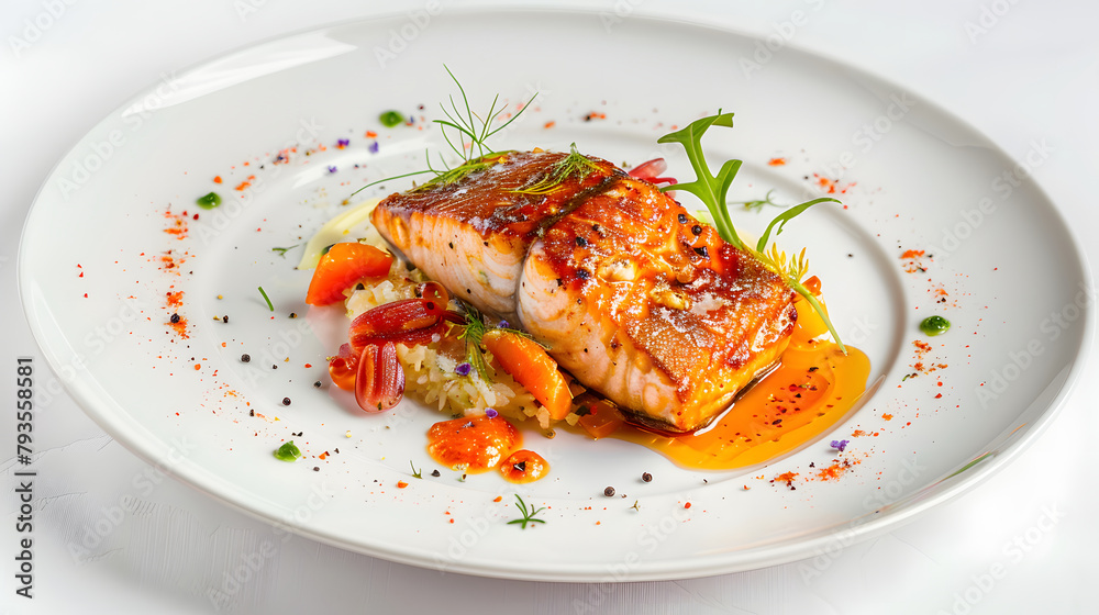 A succulent grilled salmon fillet served on a white plate against a restaurant background A succulent grilled salmon fillet served on a white plate against a restaurant background