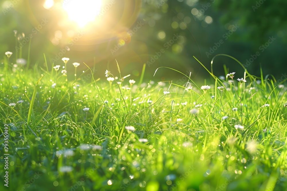 Fresh Green Meadow with Bright Morning Sunlight in Spring Showcasing Natural Beauty and Renewal