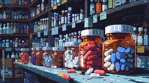 A row of medicine bottles are on a table in a store