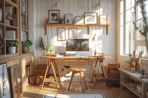 Scandinavian home office featuring minimalist design with neutral colors and wood textures, bathed in soft morning light.