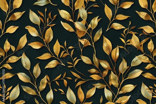 seamless pattern with golden branches and green leaves