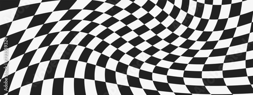 Psychedelic Checkerboard. Waves groovy background. Hippie wallpaper in Y2k style. Retro vector illustration. Distorted geometric pattern. Twisted chessboard.