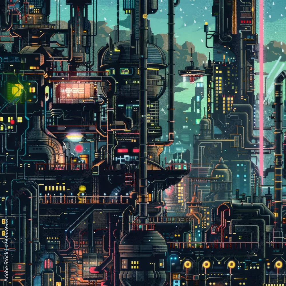 A futuristic cityscape with tall buildings and neon lights