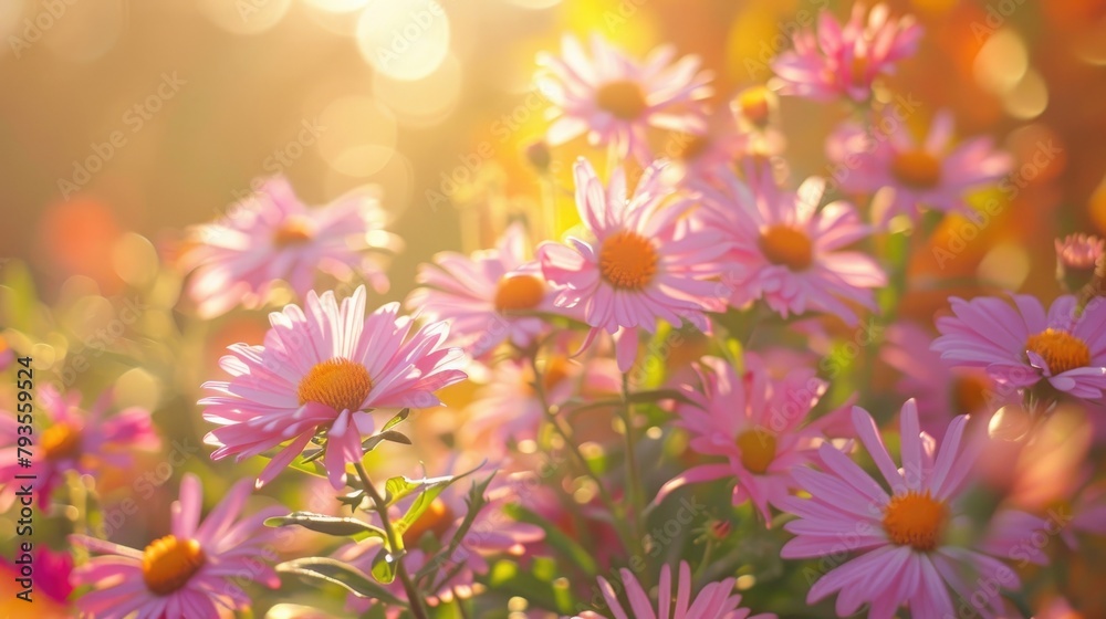 Close up View of Autumn Aster Flowers Bathed in Sunlight Close up View of Autumn Aster Flowers Bathed in Sunlight
