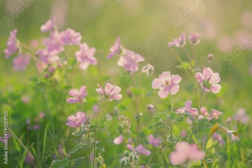 A field of pink flowers with green grass in the background
