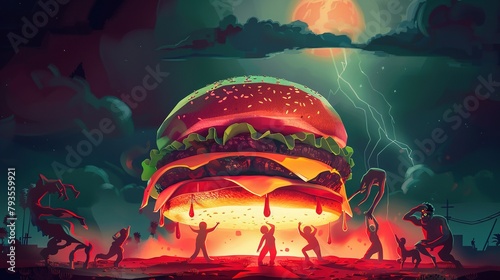 Giant hamburger in a dystopian setting with human figures. Generated AI.