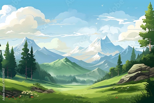 Vibrant illustration of a lush mountain valley with evergreen forests under a dynamic sky. Generative AI