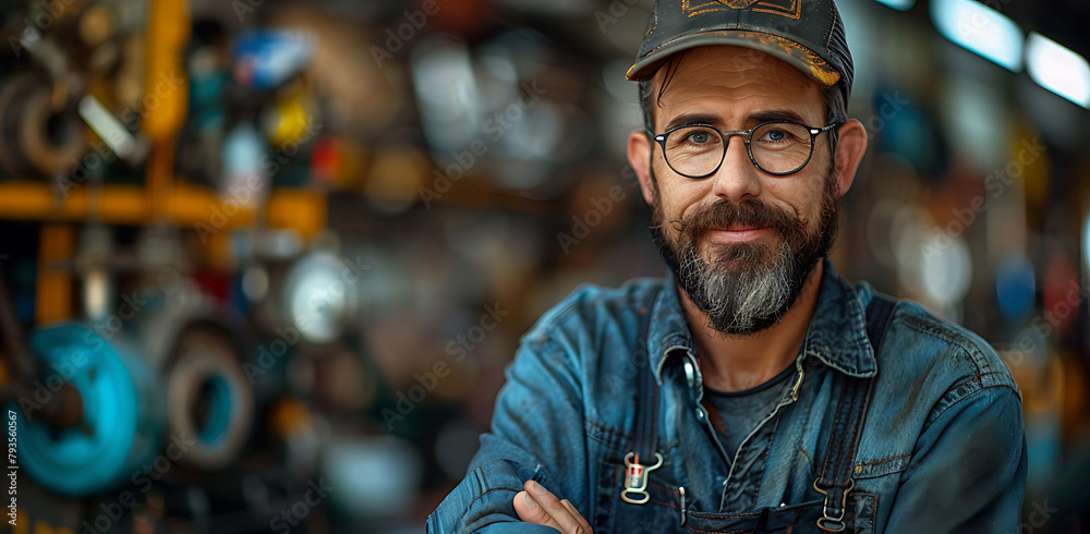 Handsome smiling mechanic in black uniform and glasses standing.