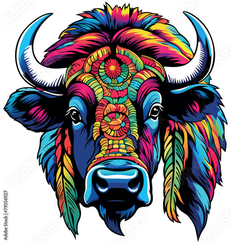 Colorful Portrait of a Bison Head - Artistic Illustration or Textile Print Motif Isolated on White Background, Vector © Roman Dekan