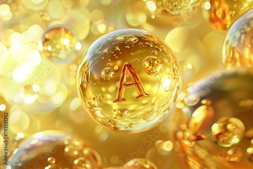 Vitamin A symbol within a golden oil capsule, surrounded by light. Generated AI