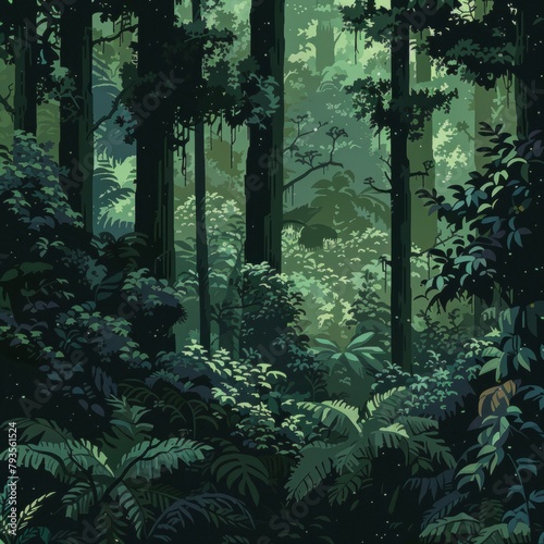 A lush green forest with a lot of trees and plants