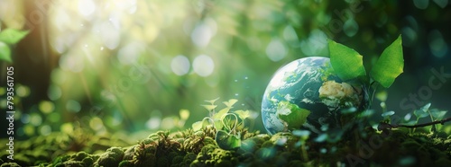 Green planet earth with green leaves on moss over abstract blurred nature background, concept of environment and ecology. copy space for text banner