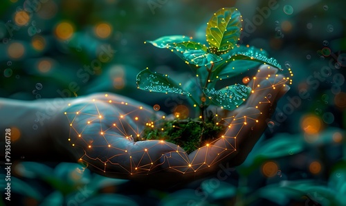 Capture a photo of a digital human hand cradling a plant in its palm. Emphasize connection, nurture, and technology blending with nature #793561728