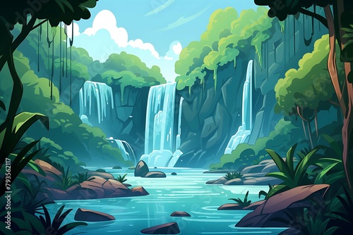 Tranquil animated jungle waterfall scene with lush foliage and serene pools. Generative AI