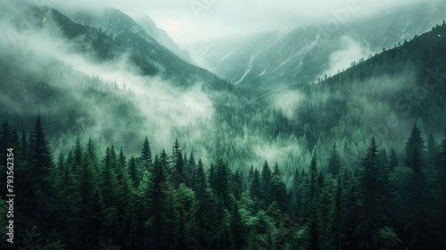 Mist moving between the trees ariel view. Rainy weather in mountains and forest. Misty fog blowing over pine tree forest. Aerial footage of spruce forest trees on the mountain hills at misty day. photo