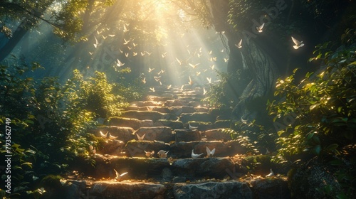 Stairway to heaven, the light part has a cross, radiating light, white doves flying towards the light, spiritual background, sunlight and ancient stone steps in a dark forest.  photo