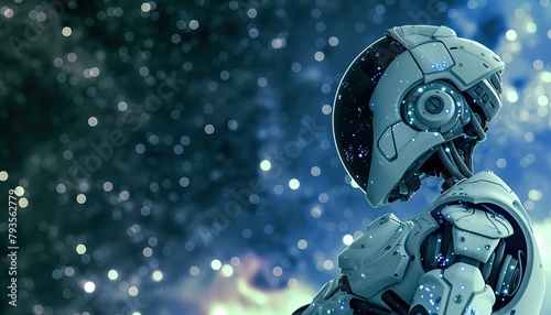 A robot is standing in front of a starry sky by AI generated image
