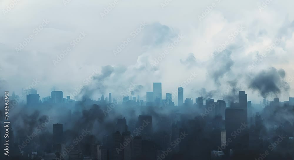 Animated graphic of dark clouds of particulate matter enveloping urban centers, reducing visibility to near zero, Animated graphic of dark clouds of particulate matter enveloping urban centers, reducing visibility to near zero,