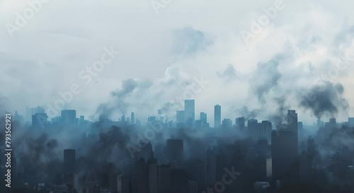 Animated graphic of dark clouds of particulate matter enveloping urban centers, reducing visibility to near zero, photo