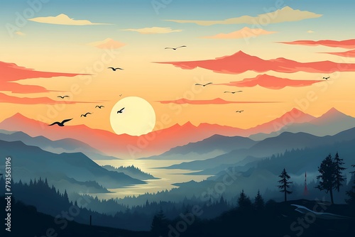 Stylized depiction of a majestic sunrise over mountains with a reflective lake and soaring birds. Generative AI