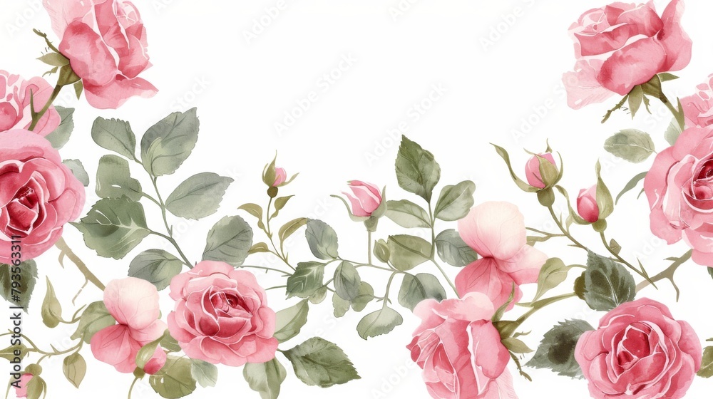 Watercolor rose floral border frame illustration on a white background
