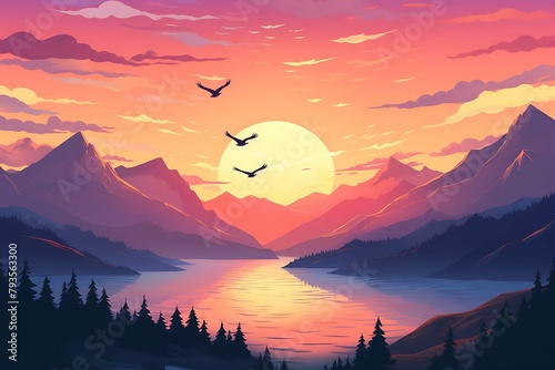 Stylized depiction of a majestic sunrise over mountains with a reflective lake and soaring birds. Generative AI