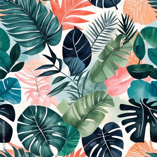 Beach cheerful seamless pattern wallpaper of tropical dark green leaves of palm trees and flowers bird of paradise  strelitzia  plumeria on a watercolor background