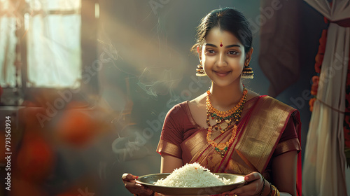 Beautiful indian girl serving food photo
