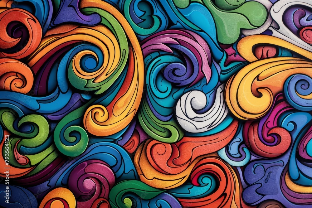 Cartoon cute doodles of swirling shapes and vibrant colors blending together, Generative AI