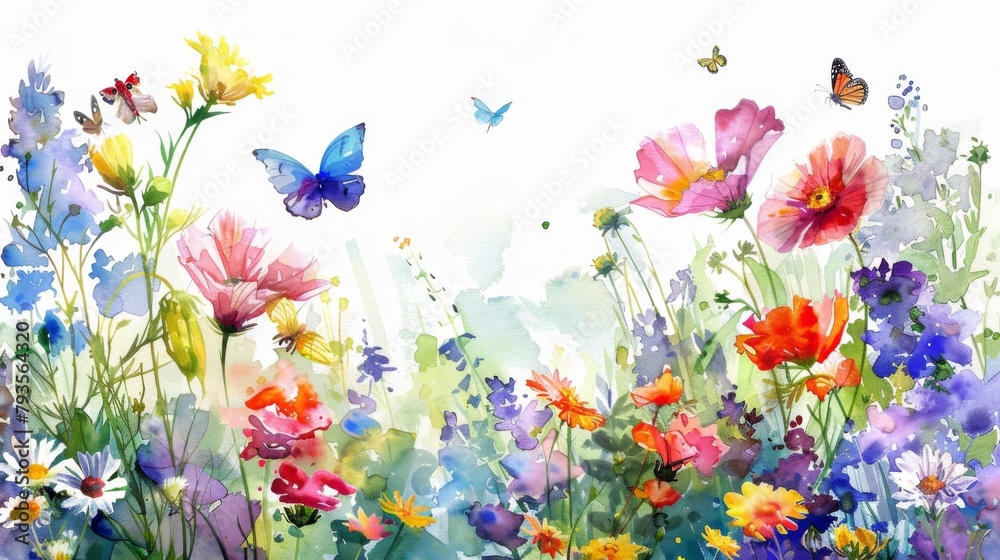 Watercolor painting of colorful wildflowers with butterflies on a white background