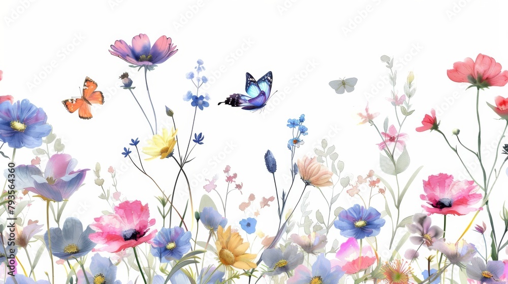 Watercolor painting of colorful wildflowers with butterflies on a white background