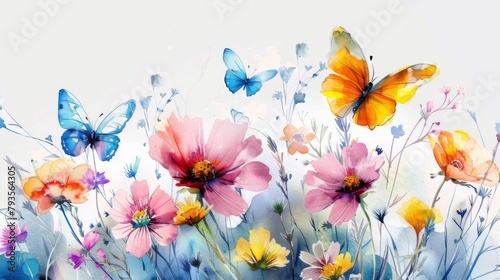 Watercolor painting of colorful wildflowers with butterflies on a white background © wanna