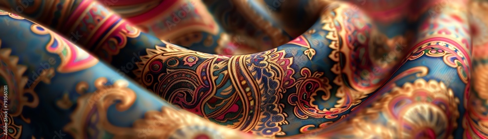 3D image of a paisley print fabric with a focus on the intricate, colorful patterns