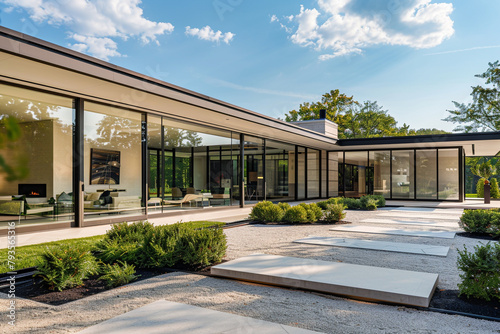 A modernist estate with expansive glass walls and minimalist landscaping, under the bright skies of summer.