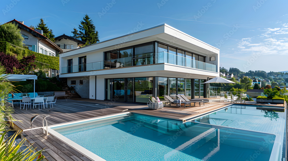 Modern house with swimming pool and deck, view from the terrace
