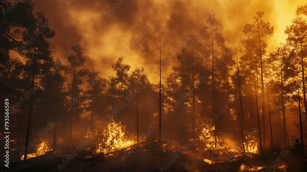 A forest fire is raging through a wooded area, with smoke billowing into the sky