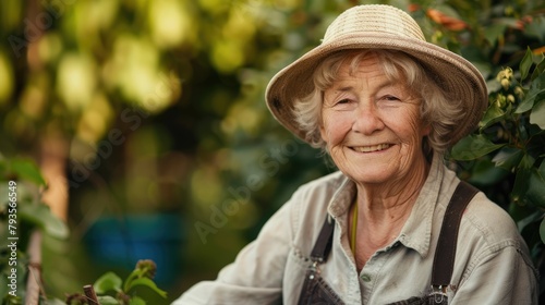 Positive smiling elderly woman gardener on the background of a vegetable garden with copyspace